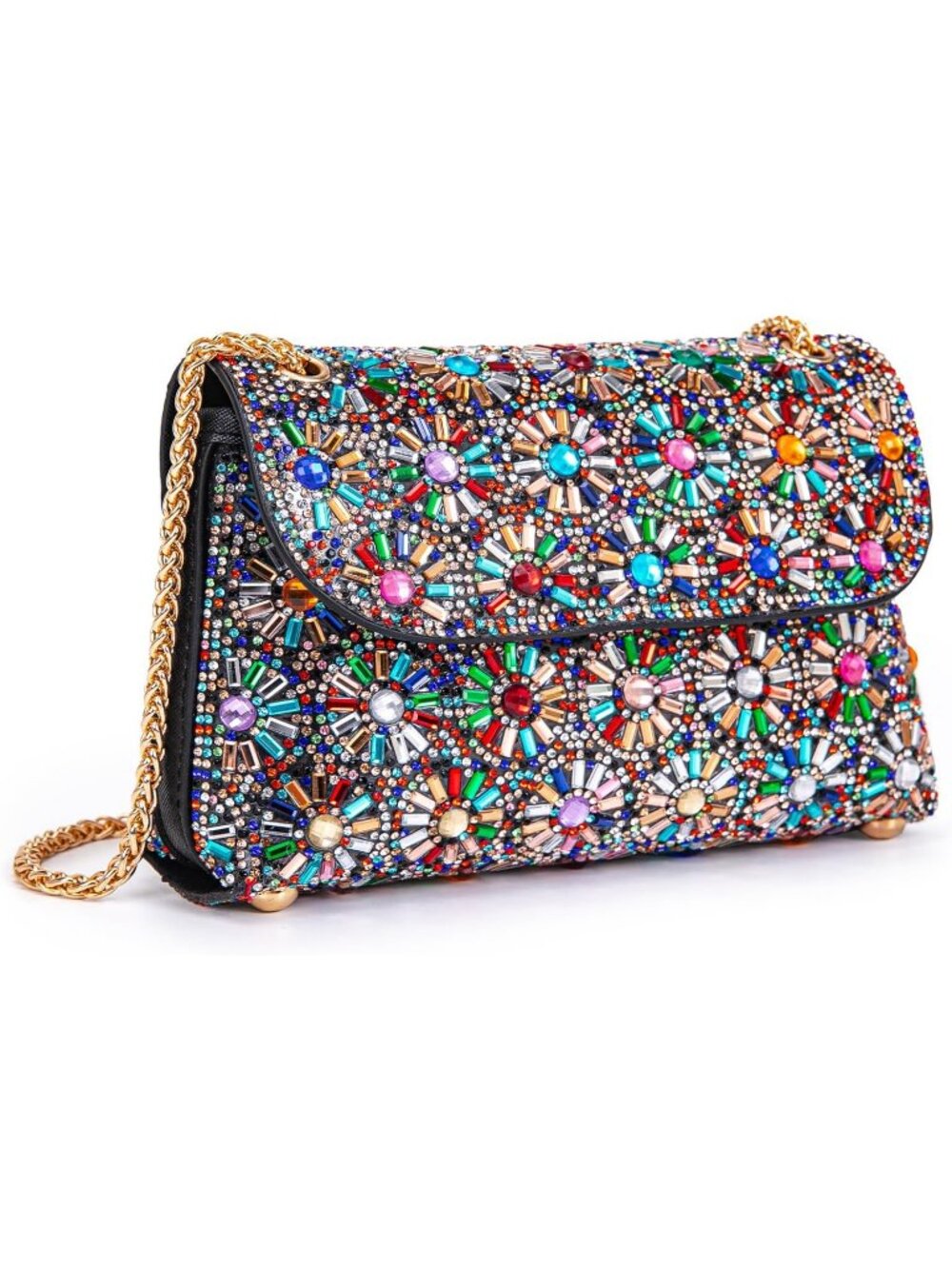 Women's Colorful Rhinestone Evening Clutch Bag with Chain Strap Shoulder Purse